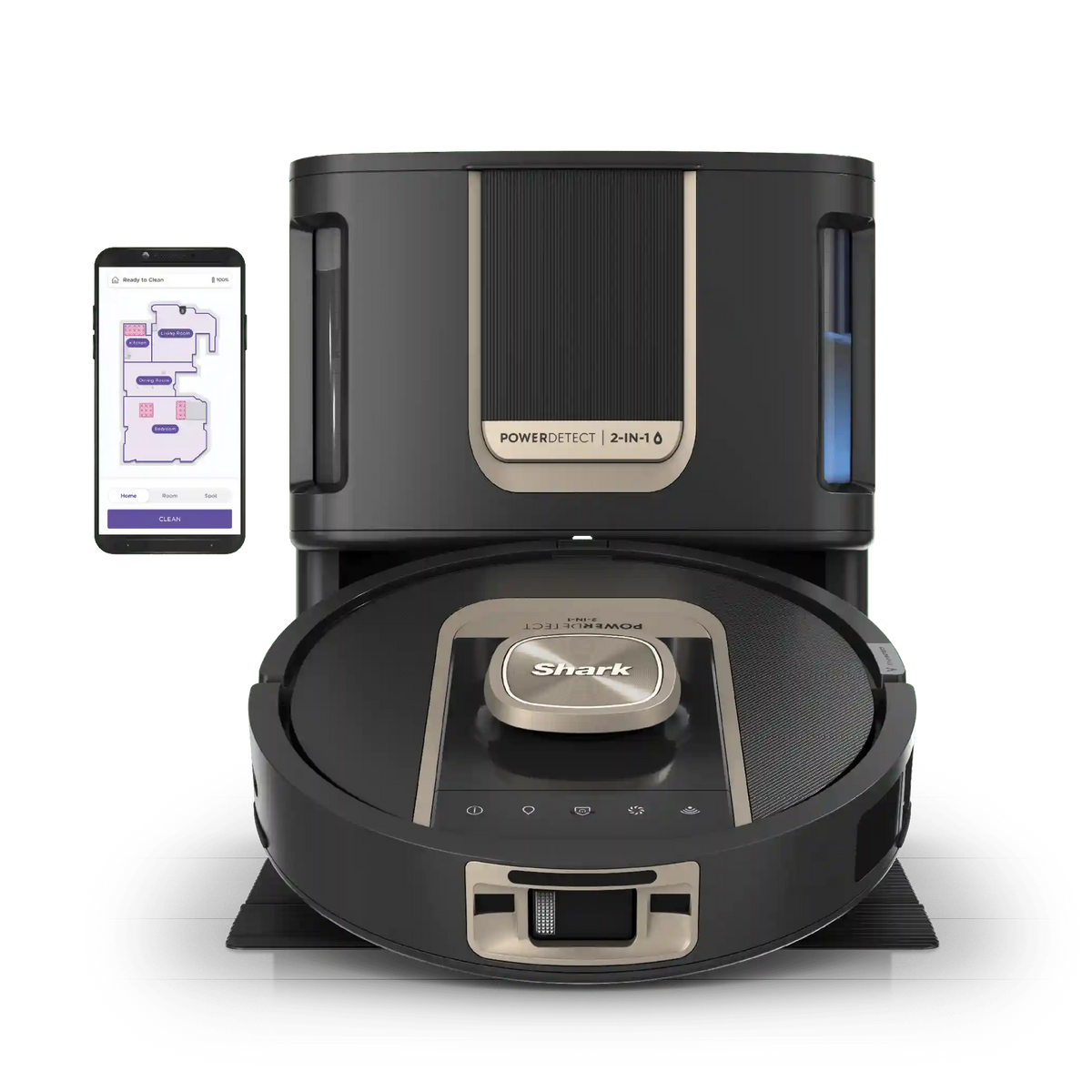 Shark® PowerDetect™ ThermaCharged Robot Vacuum & Mop 2-in-1, Heated Mop Sanitizing NeverTouch™ Pro Base, White - Black